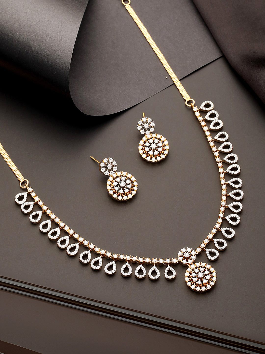 Gold Toned AD Studded  Floral Drop Minimal  Jewellery Set